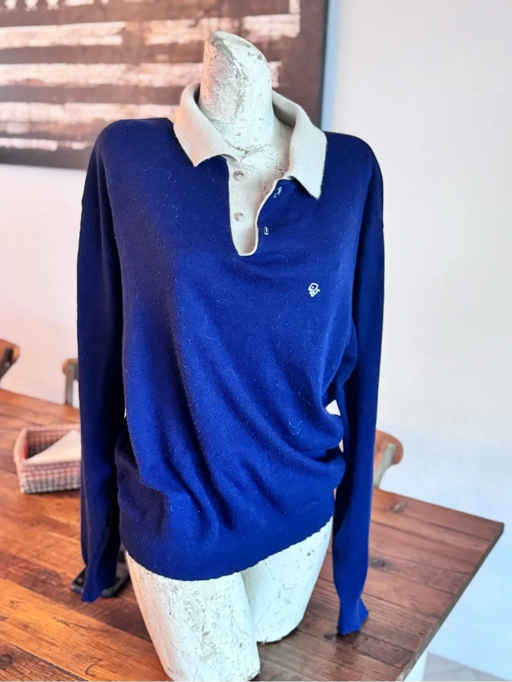 Dior Monsieur Beige Crewneck Sweater with Navy Trim